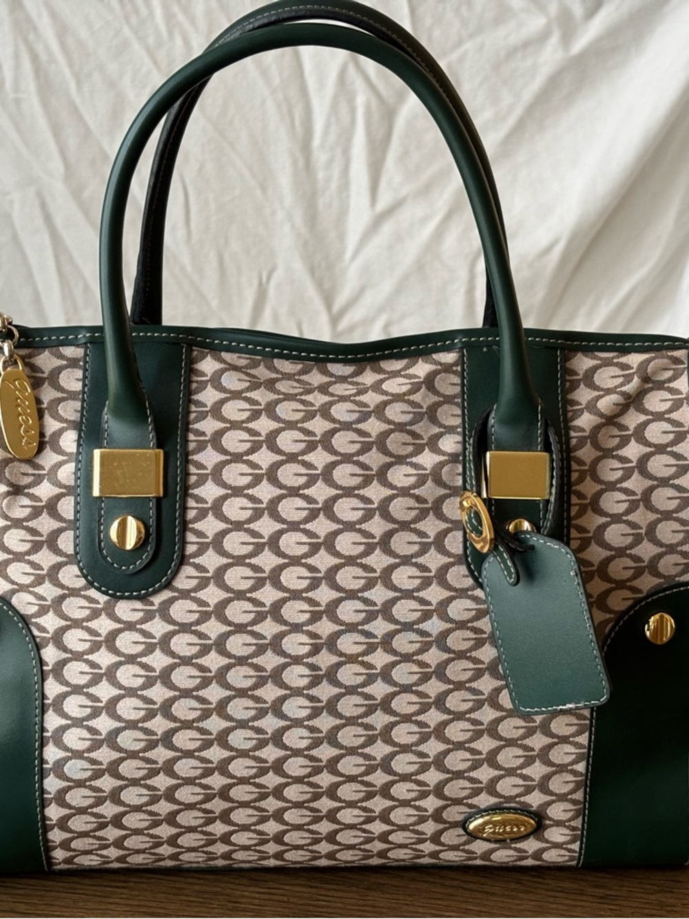 Coach Beige Signature Jacquard Tote with Dark Green Trim